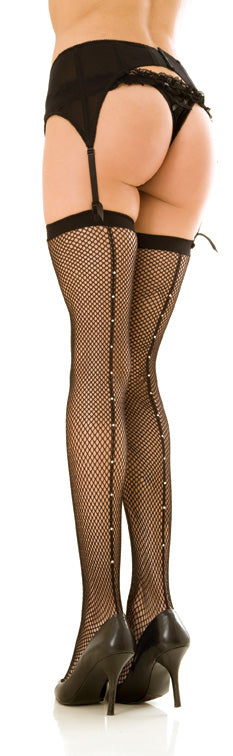 Fishnet Thigh Highs with Backseam and Rhinestones-Blk